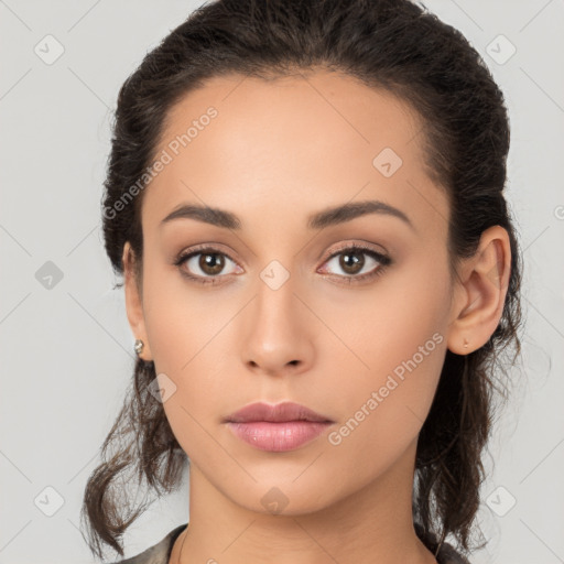 Neutral white young-adult female with long  brown hair and brown eyes