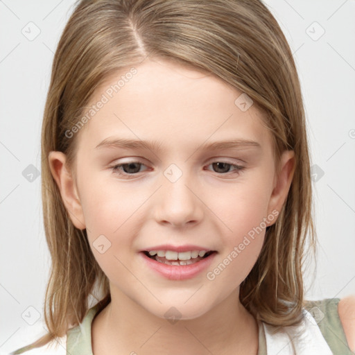 Joyful white child female with medium  brown hair and grey eyes