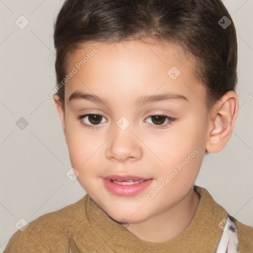 Joyful white child female with short  brown hair and brown eyes