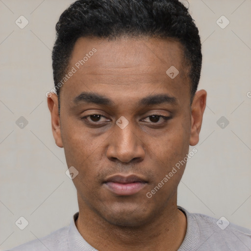 Neutral black young-adult male with short  black hair and brown eyes