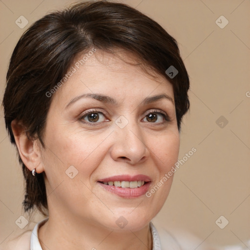 Joyful white adult female with medium  brown hair and brown eyes