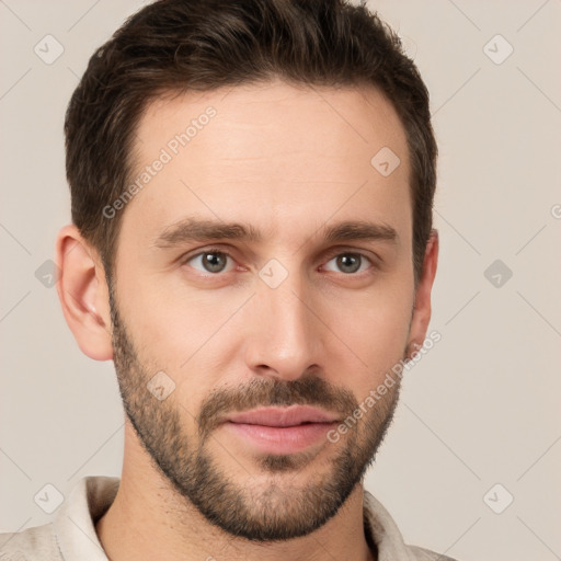 Neutral white young-adult male with short  brown hair and brown eyes