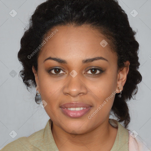 Joyful black young-adult female with medium  black hair and brown eyes