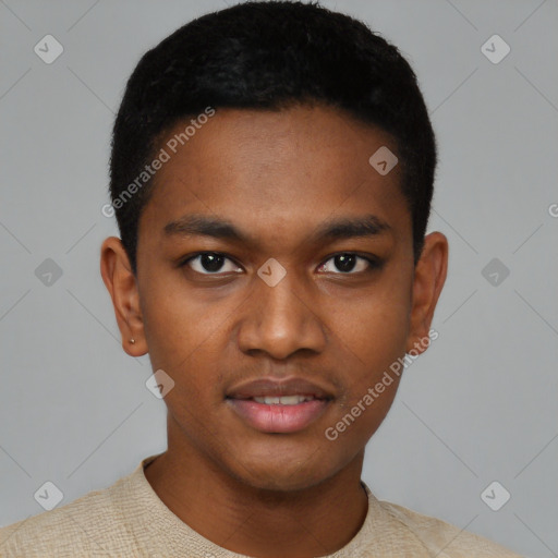 Joyful black young-adult male with short  black hair and brown eyes