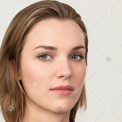 Neutral white young-adult female with medium  brown hair and grey eyes