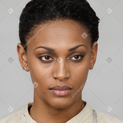 Neutral black young-adult female with short  black hair and brown eyes