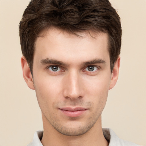 Neutral white young-adult male with short  brown hair and brown eyes