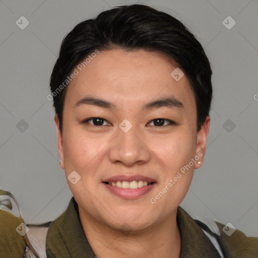 Joyful white young-adult female with short  brown hair and brown eyes