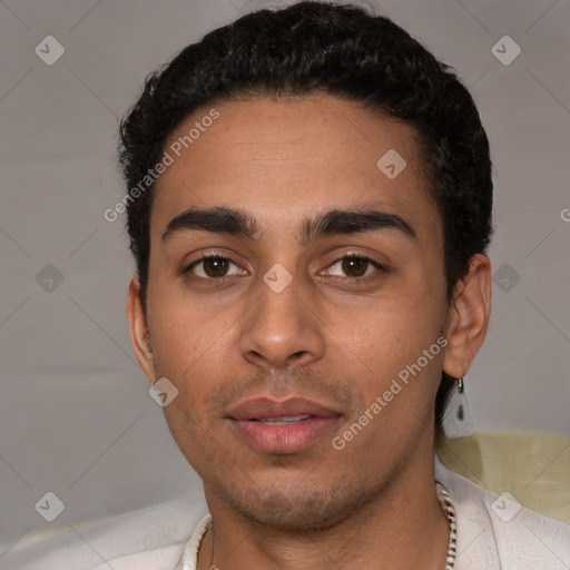 Neutral latino young-adult male with short  black hair and brown eyes