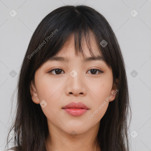 Neutral asian young-adult female with long  brown hair and brown eyes