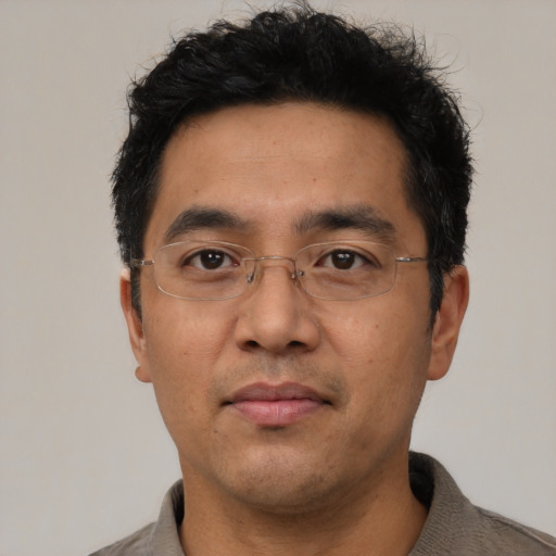Neutral asian adult male with short  black hair and brown eyes