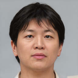 Neutral asian adult female with short  brown hair and brown eyes