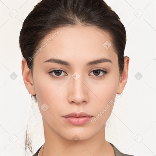 Neutral white young-adult female with medium  brown hair and brown eyes