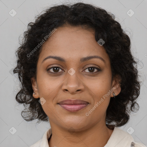 Joyful black young-adult female with medium  brown hair and brown eyes