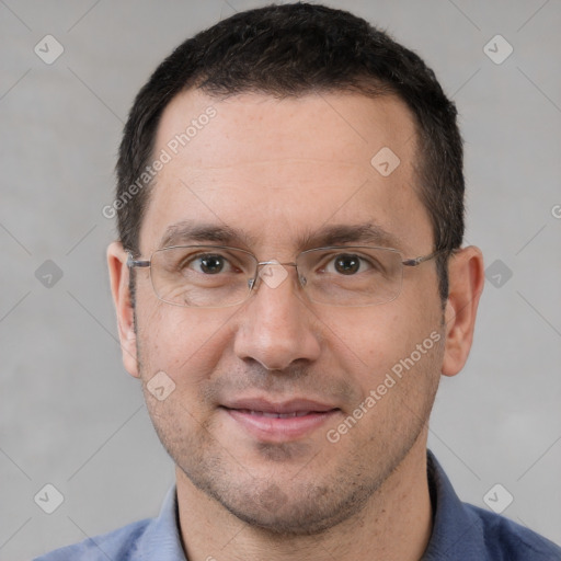 Joyful white adult male with short  brown hair and brown eyes