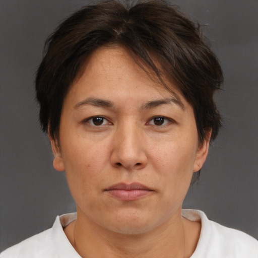 Neutral white adult female with short  brown hair and brown eyes