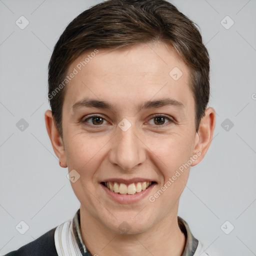 Joyful white young-adult female with short  brown hair and grey eyes