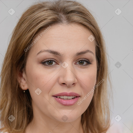 Joyful white young-adult female with medium  brown hair and brown eyes