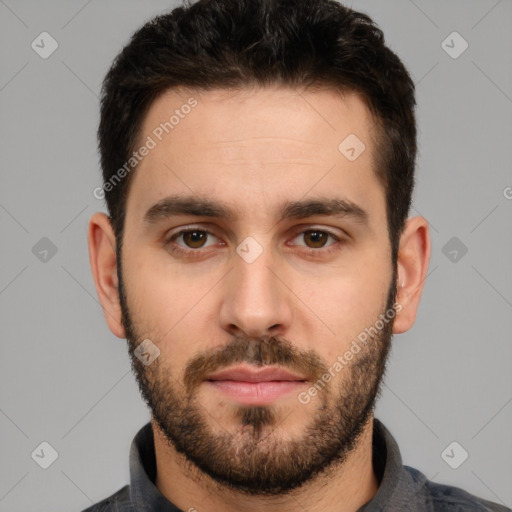 Neutral white young-adult male with short  brown hair and brown eyes