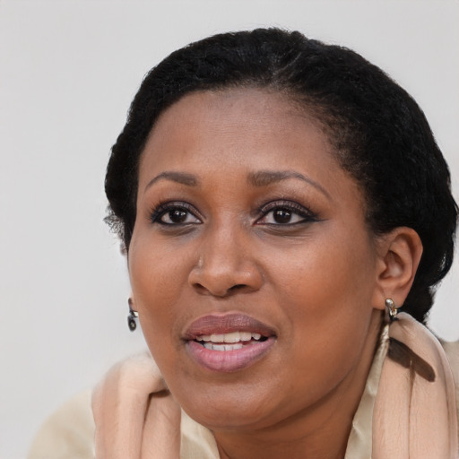 Joyful black adult female with long  brown hair and brown eyes