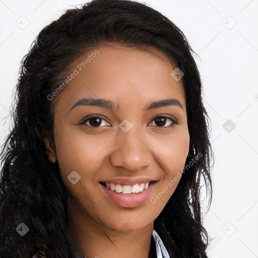 Joyful latino young-adult female with long  brown hair and brown eyes