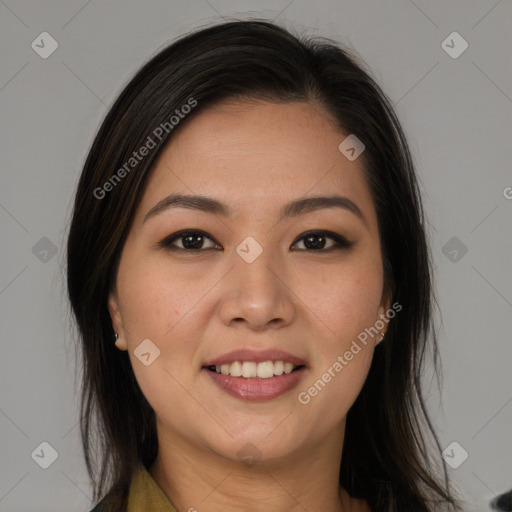 Joyful white young-adult female with long  brown hair and brown eyes