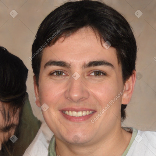 Joyful white young-adult male with medium  brown hair and brown eyes