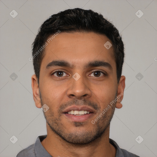 Neutral latino young-adult male with short  black hair and brown eyes