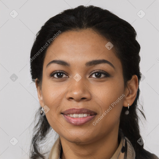 Joyful latino young-adult female with medium  black hair and brown eyes