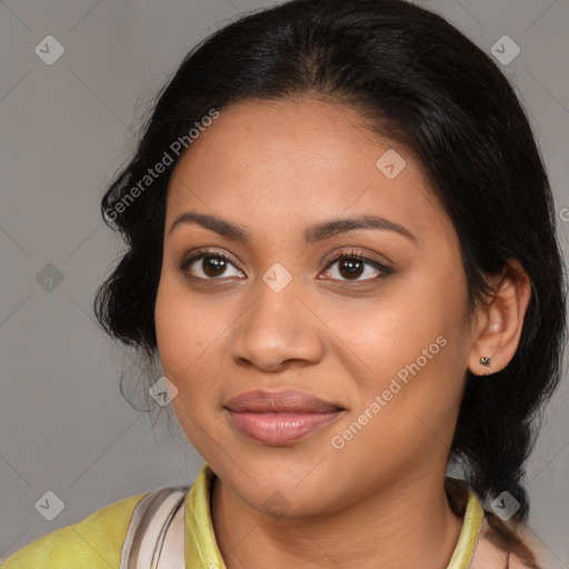 Joyful latino young-adult female with medium  brown hair and brown eyes