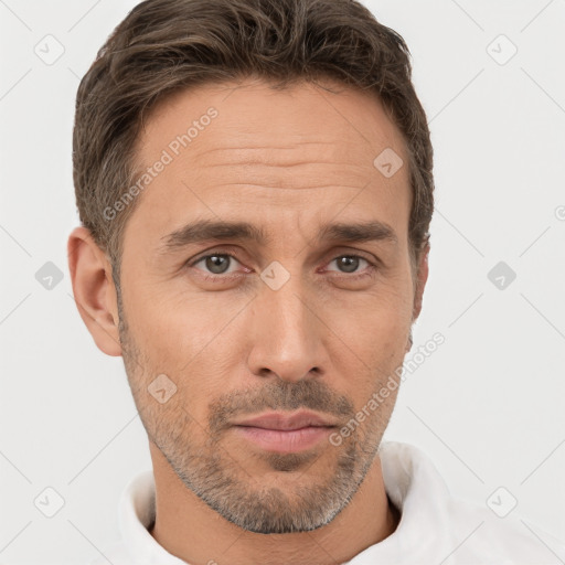 Neutral white adult male with short  brown hair and brown eyes