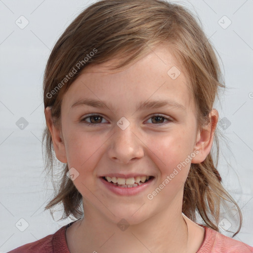 Joyful white child female with medium  brown hair and brown eyes