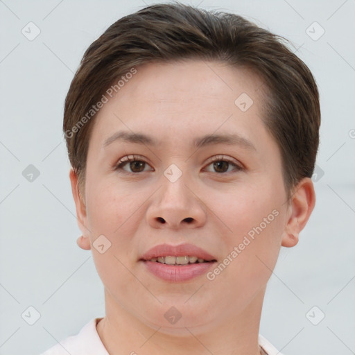 Joyful white young-adult female with short  brown hair and brown eyes