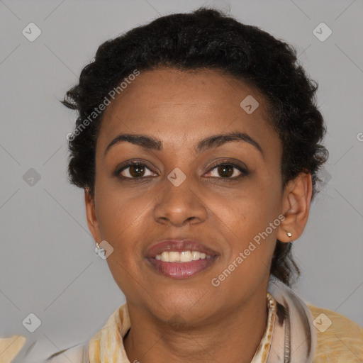 Joyful latino young-adult female with short  brown hair and brown eyes