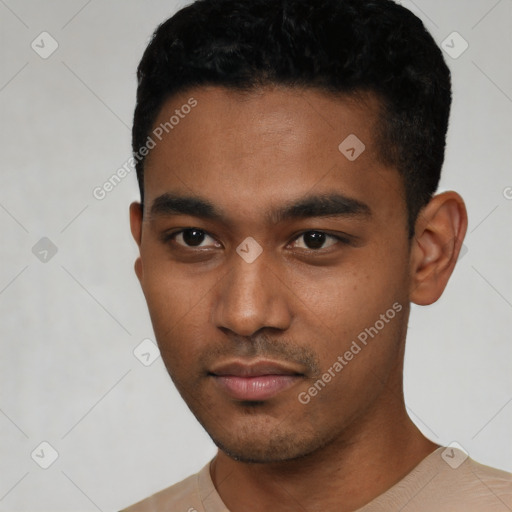 Neutral black young-adult male with short  black hair and brown eyes