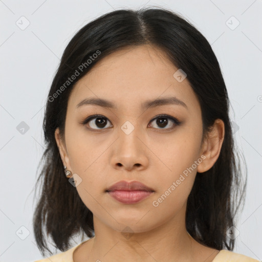 Neutral asian young-adult female with medium  black hair and brown eyes