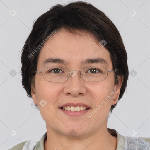 Joyful white adult female with short  brown hair and brown eyes