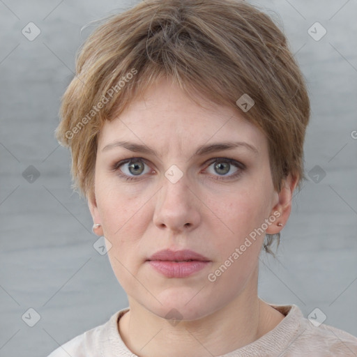 Neutral white young-adult female with short  brown hair and grey eyes