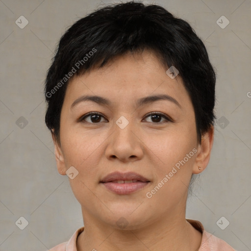 Joyful asian young-adult female with short  brown hair and brown eyes