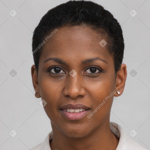 Joyful black young-adult female with short  black hair and brown eyes