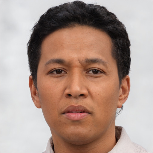 Neutral asian adult male with short  black hair and brown eyes