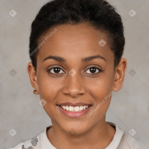 Joyful black young-adult female with short  brown hair and brown eyes