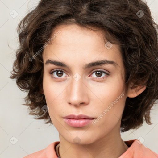 Neutral white young-adult female with medium  brown hair and brown eyes