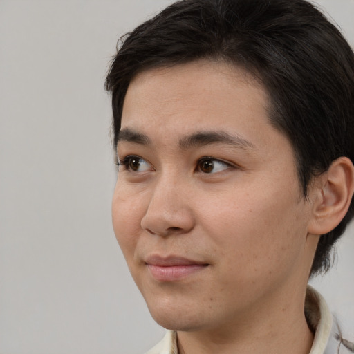 Neutral asian young-adult male with medium  brown hair and brown eyes