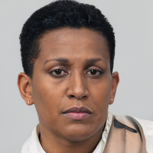 Neutral black adult female with short  brown hair and brown eyes