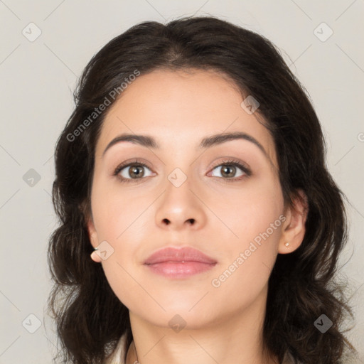 Neutral white young-adult female with medium  brown hair and brown eyes