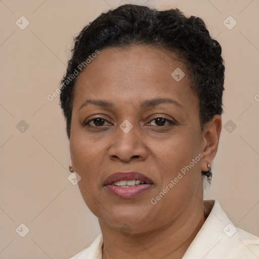 Joyful black adult female with short  brown hair and brown eyes