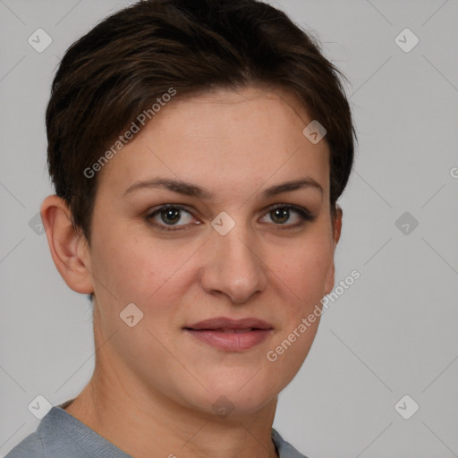 Joyful white young-adult female with short  brown hair and grey eyes