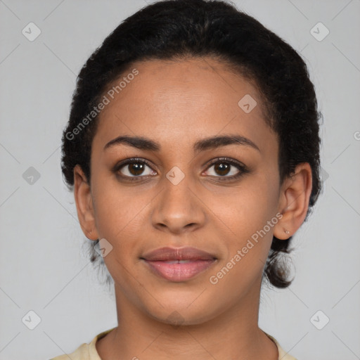 Joyful latino young-adult female with short  brown hair and brown eyes