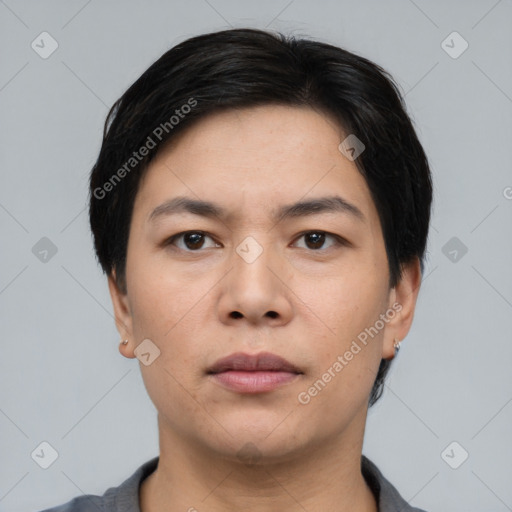 Neutral asian young-adult male with short  black hair and brown eyes